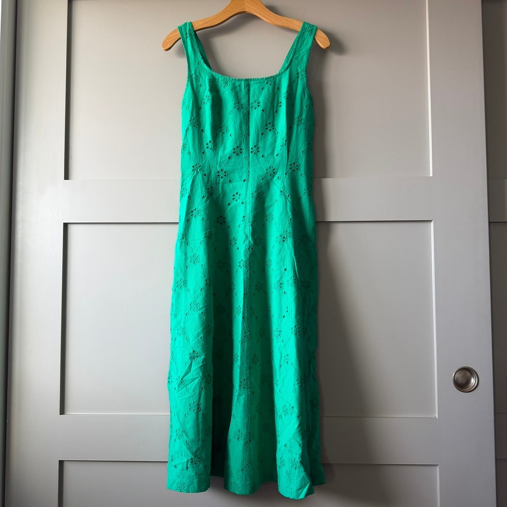 J.Crew Eyelet Midi Dress 2 Green‎ Smocked Back Sleeveless Embroidered C5891 NEW